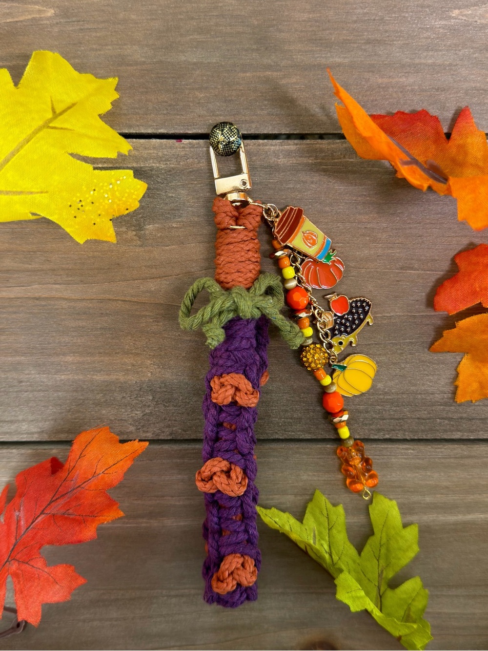 Handmade Purple and Orange Macrame Keychain with Autumn Charms